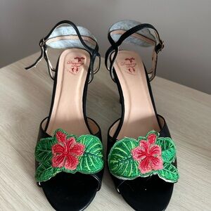Banned Retro - Black Women’s Sandals with Red Floral Embroidery - 3 inch heel